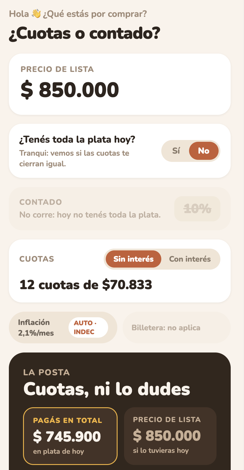Pantalla de la app Cuotas o Contado